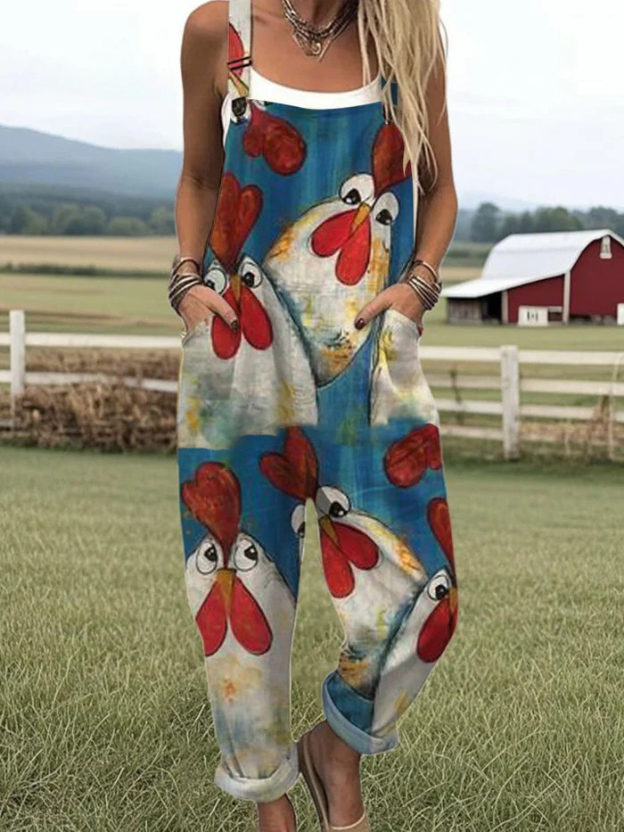 Female model wearing a playful chicken-inspired jumpsuit on a plain background.