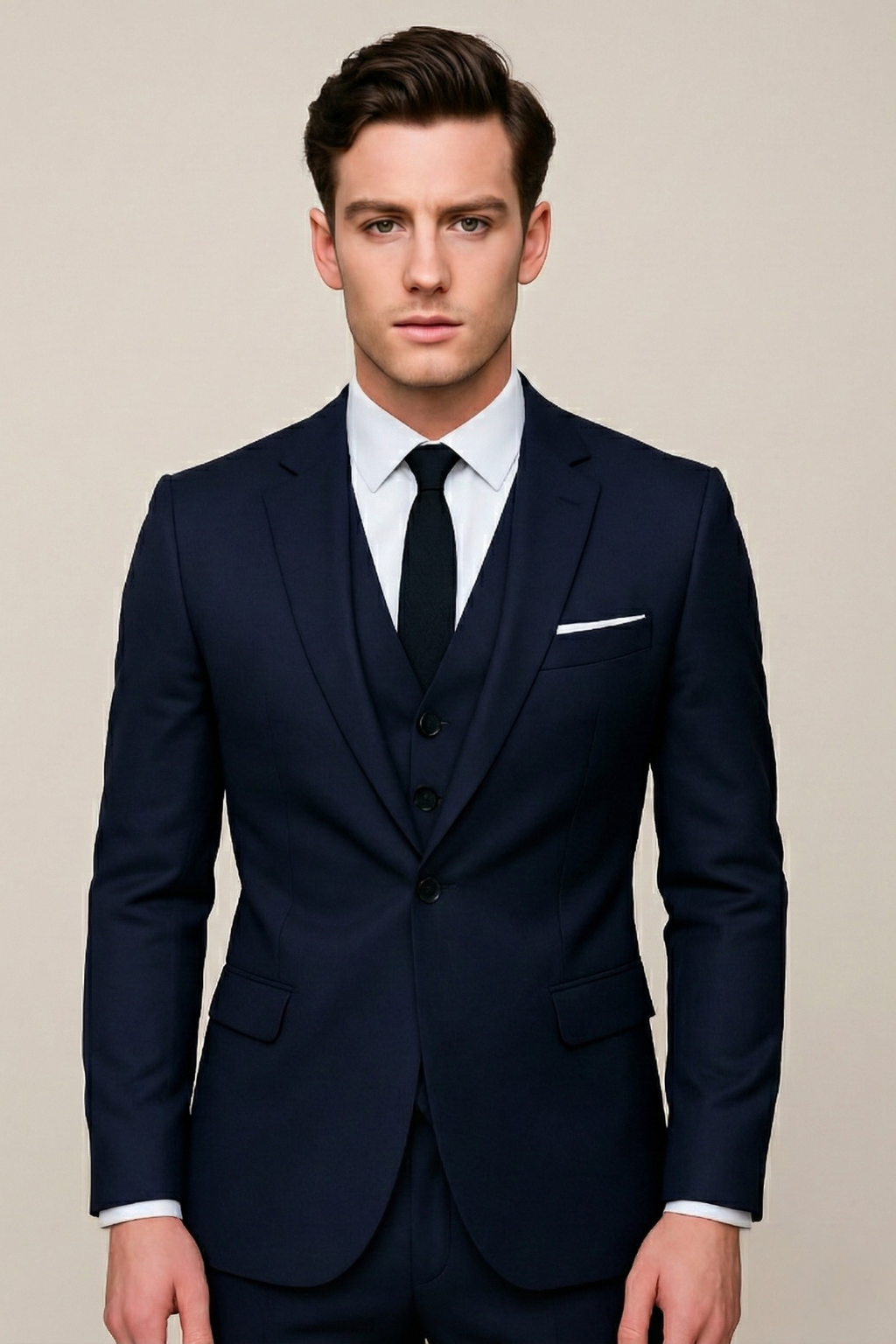Male model wearing a three piece formal suit on a plain background.