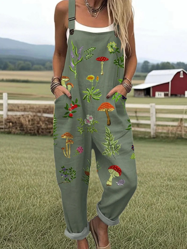 Female model standing in a nature casual jumpsuit with breezy loose-fit styling.