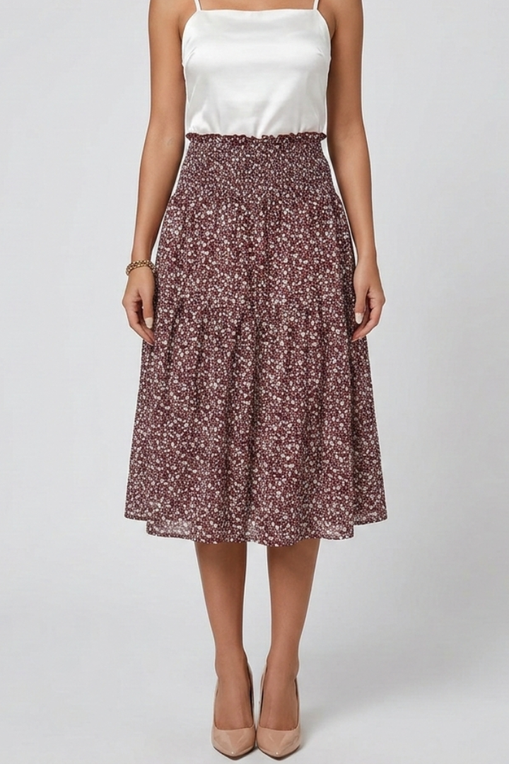 Feminine floral midi skirt front centered studio photo