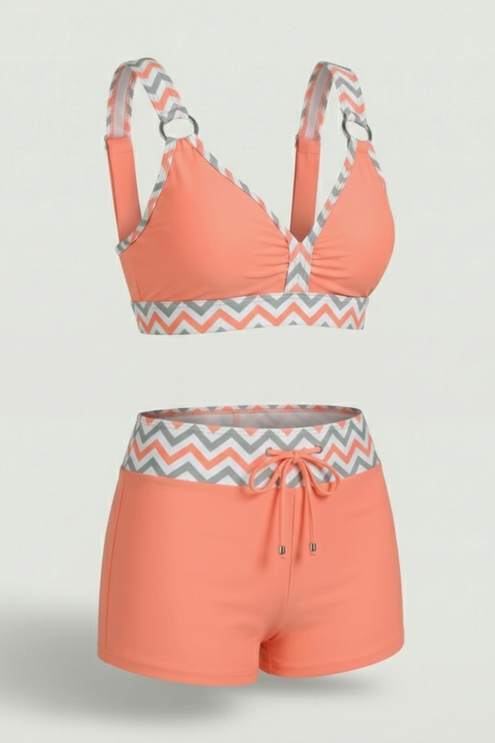 Striped bikini set front view plain gray background