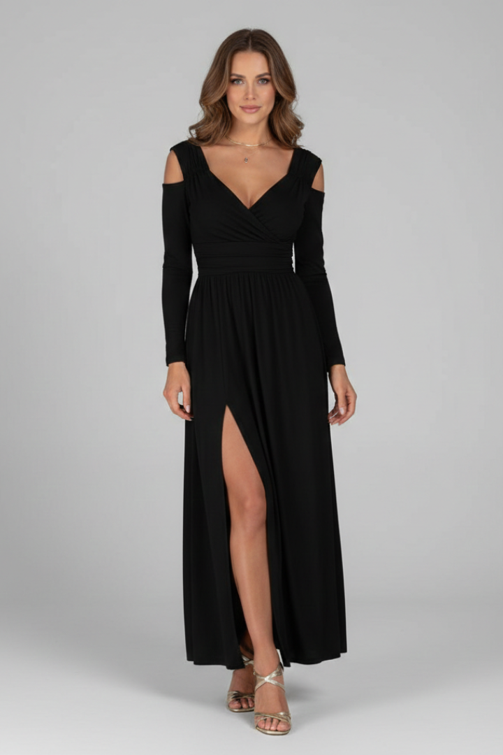 Model wearing long sleeve black dress in front view 