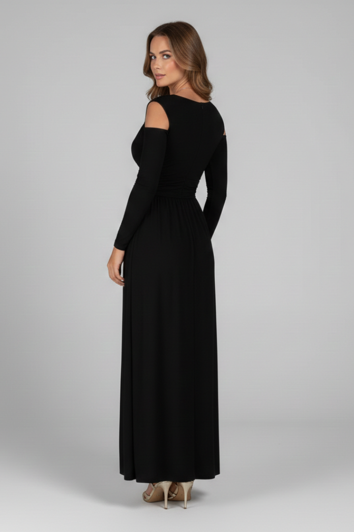 Woman showcasing back side view angle on shoulder cut-out dress