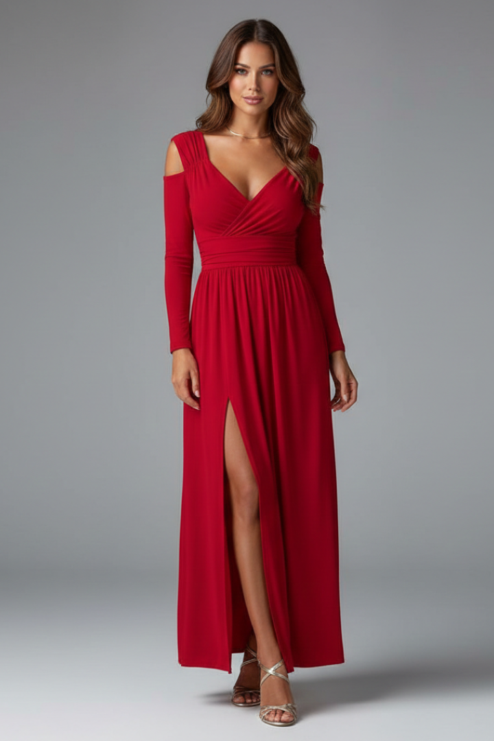 Elegant evening red dress modeled against plain background
