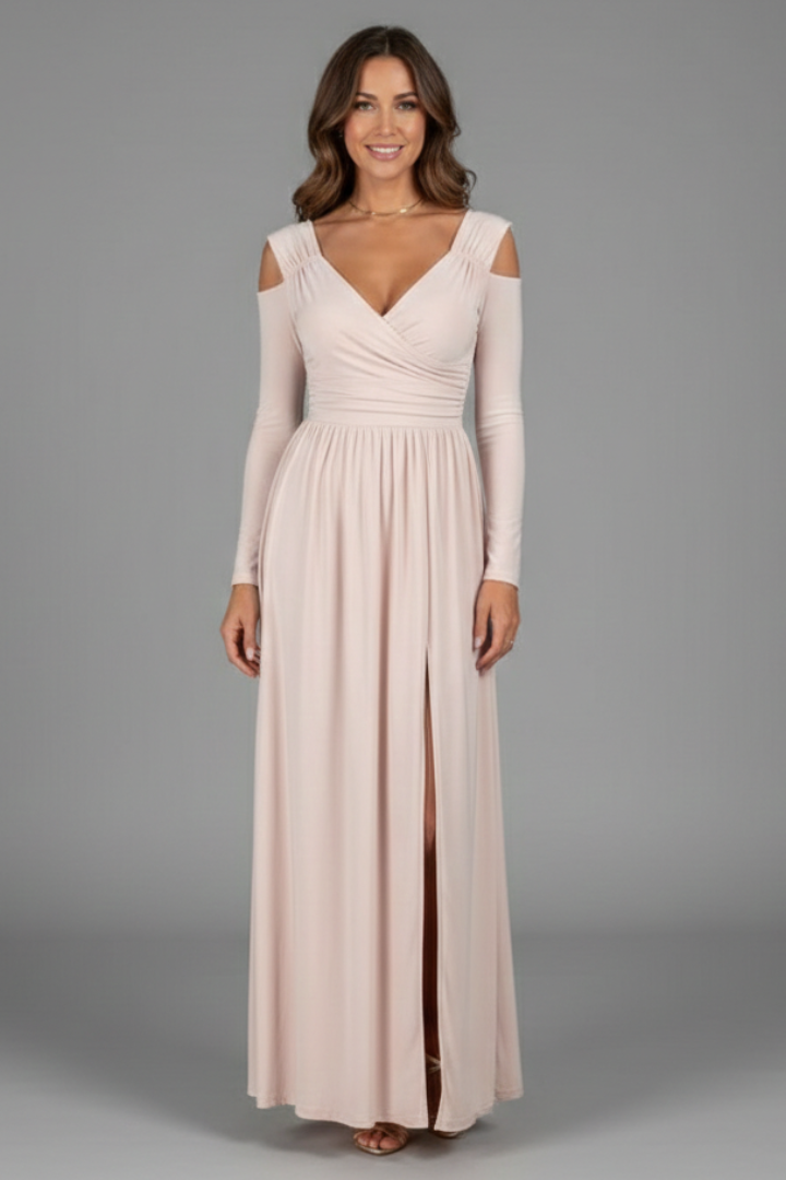 Model showing front angle of elegant white dress