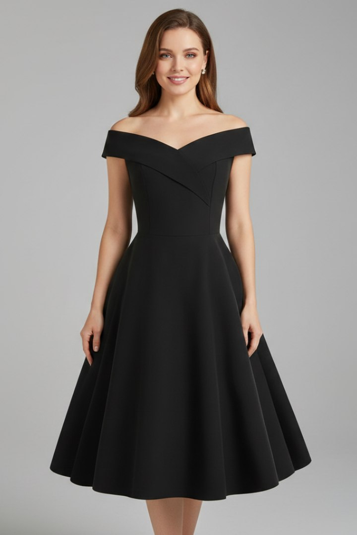 Off-shoulder midi black dress with flared skirt front view