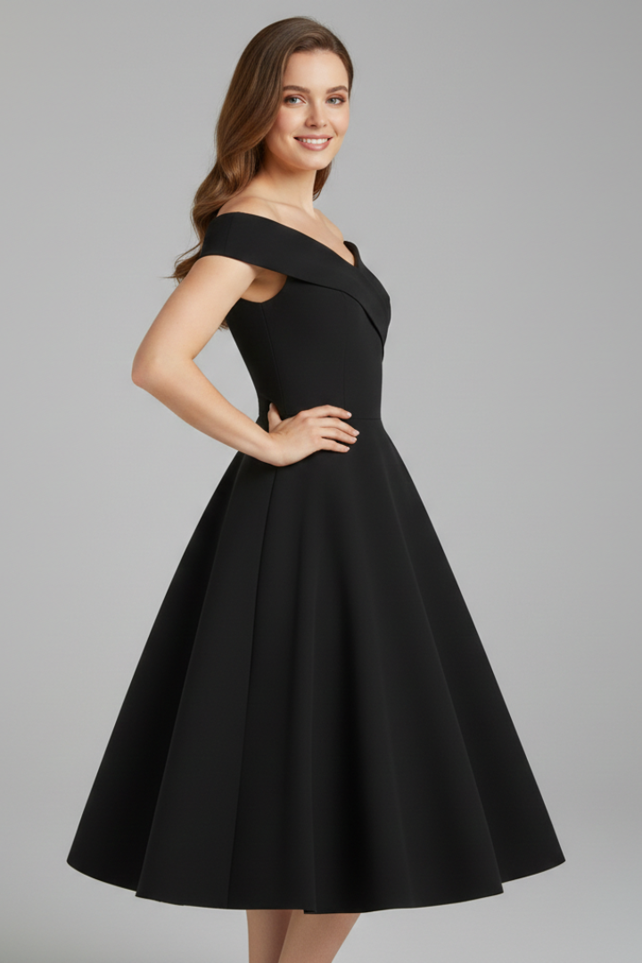 Midi-length evening dress with flowing skirt shape side view