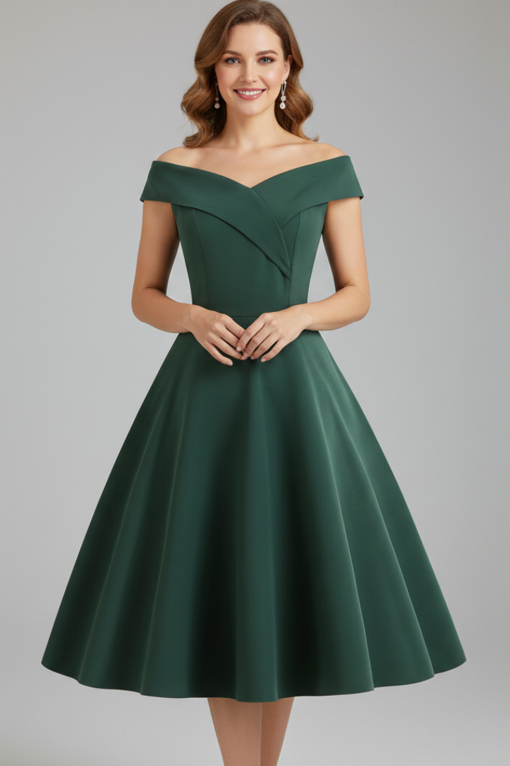 Model in green dress with flared shape and polished design