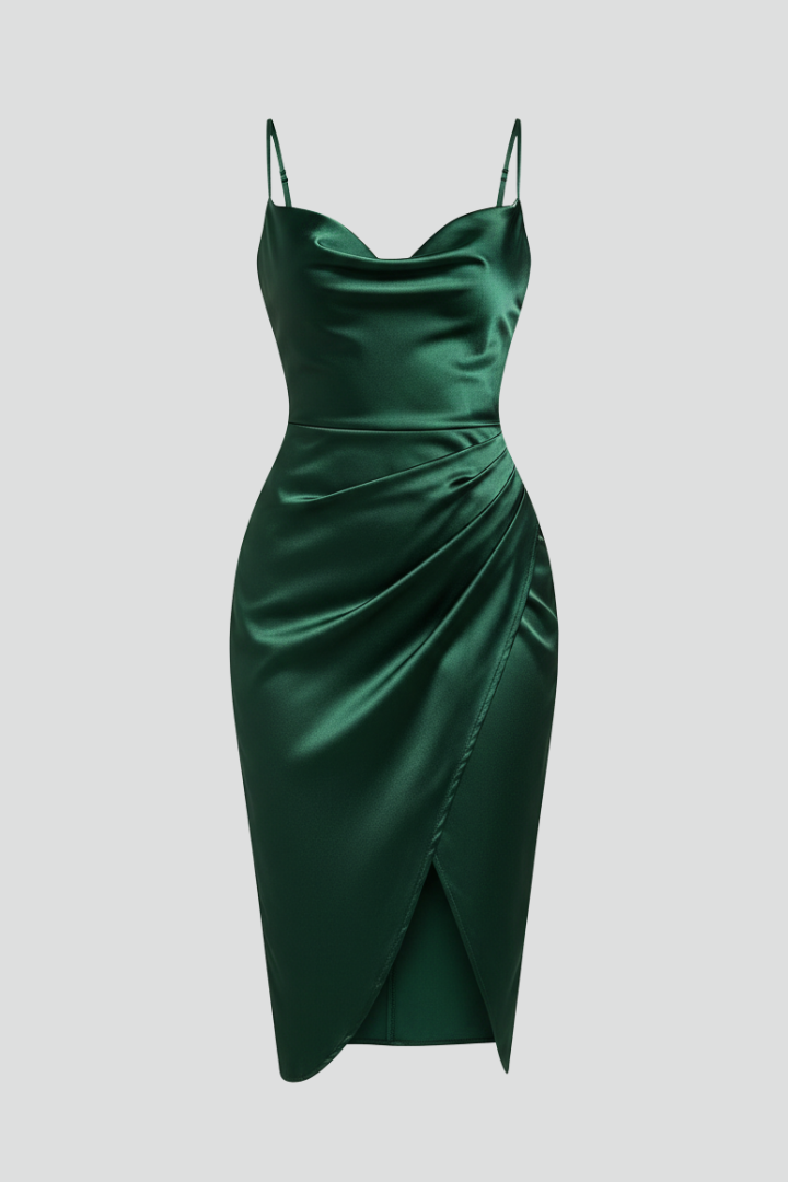 Side slit long green dress white background