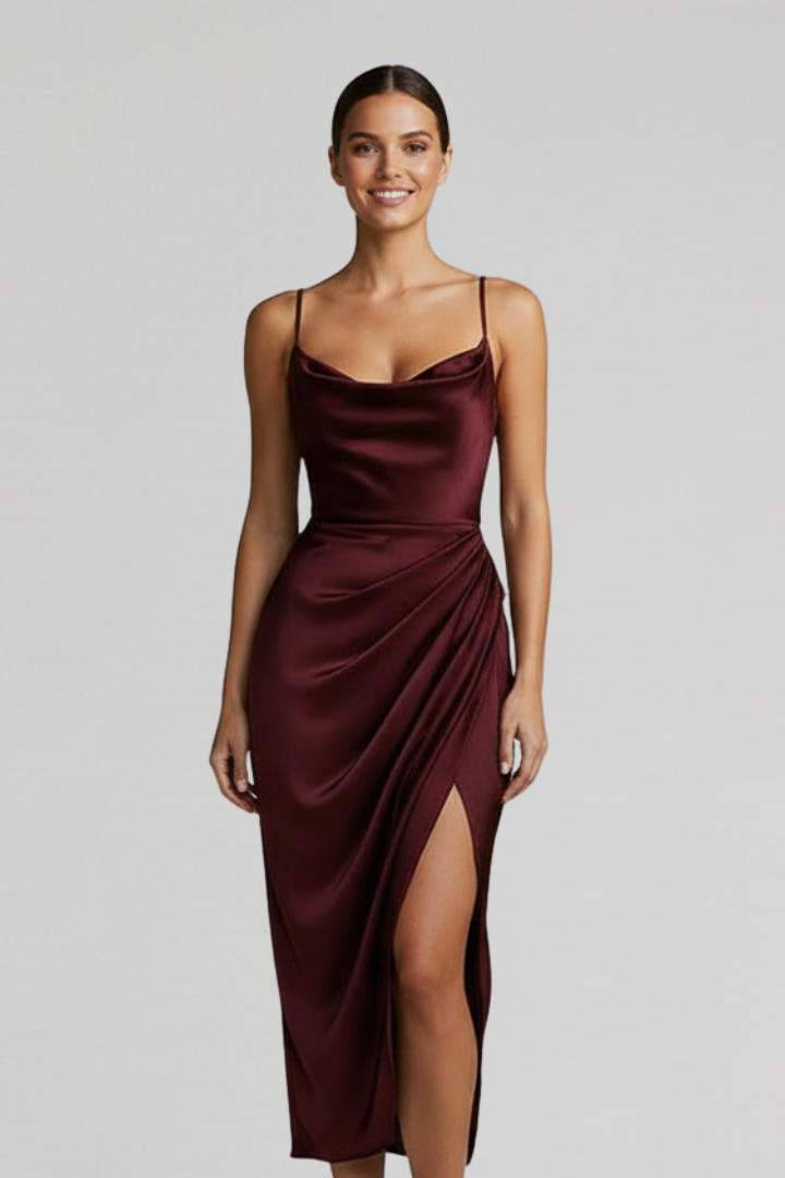 Font angle view woman in fitted waist evening red dress 