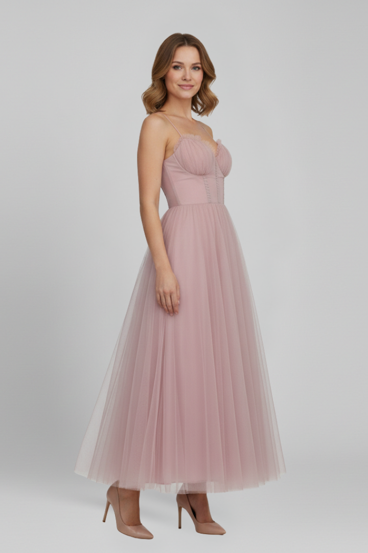 Full length side angle strapless dress on white background