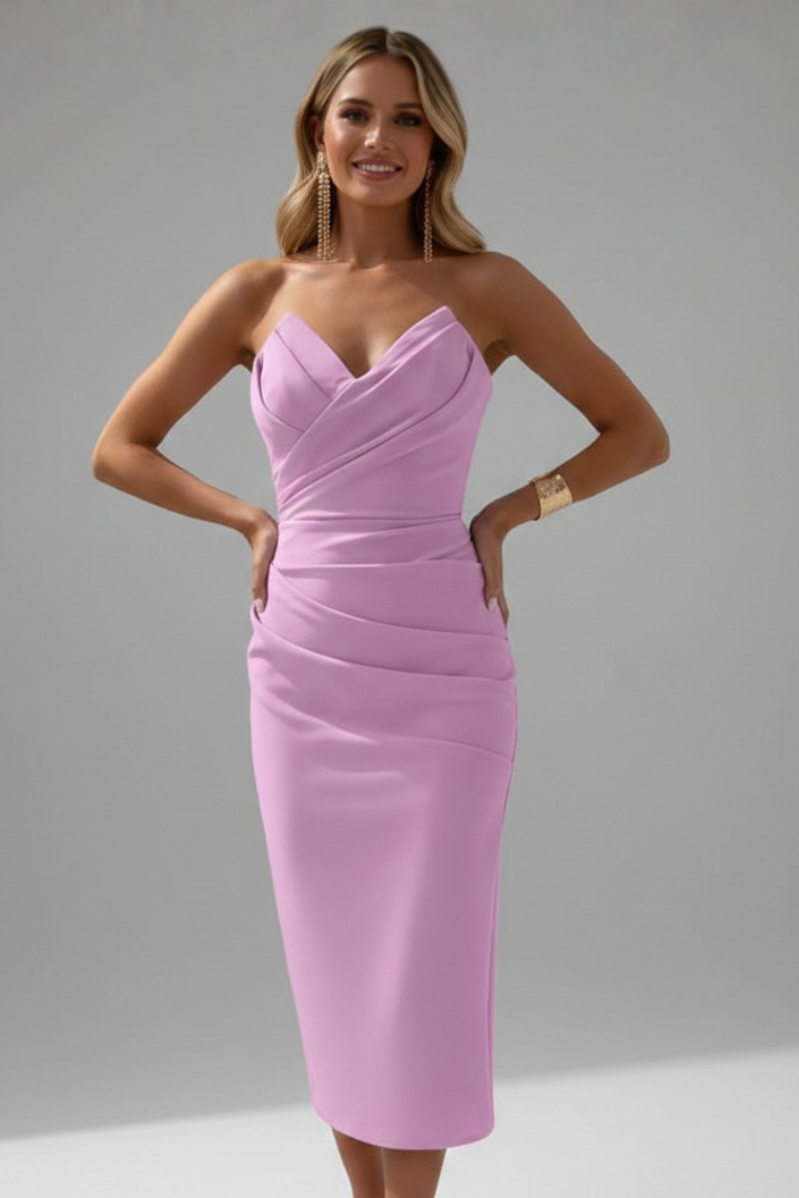 Clean front view of midi pink dress on woman