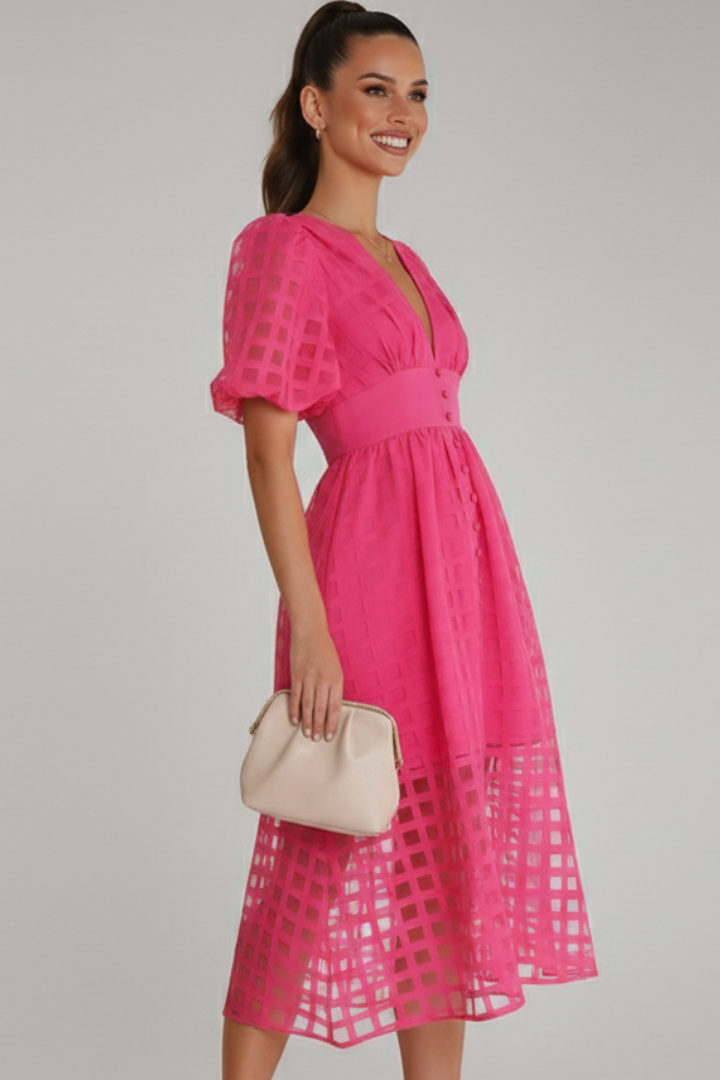 Side view of lace panel midi dress with fashion model