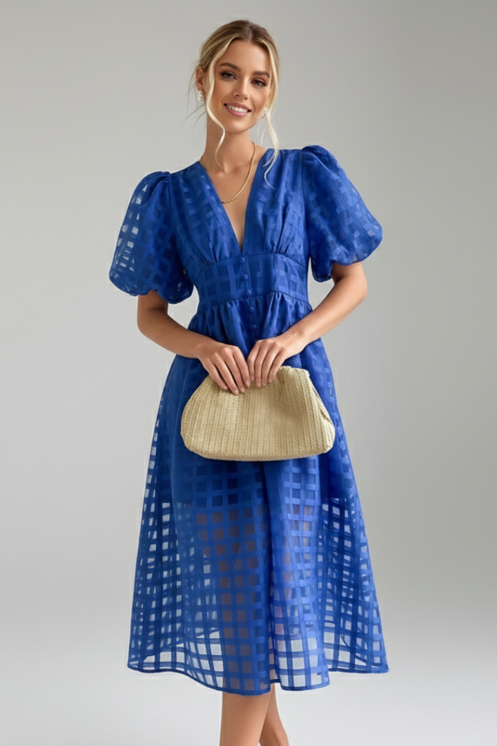 Puff sleeve lace midi dress front pose in plain background