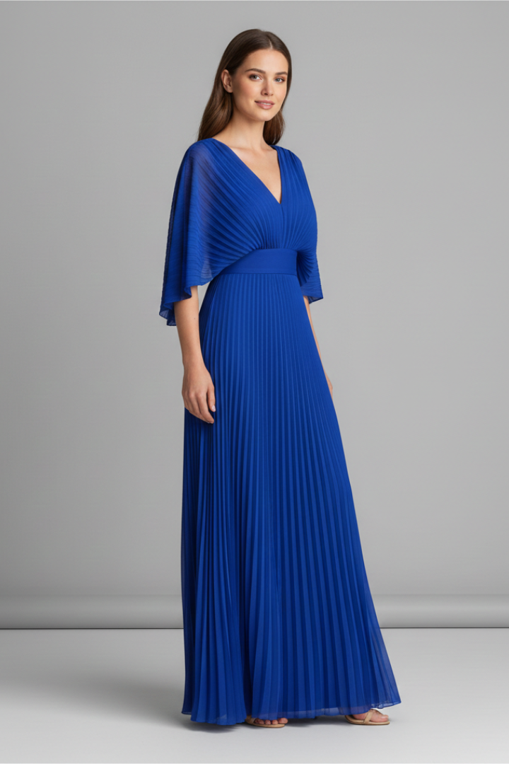 Side view model in pleated maxi dress