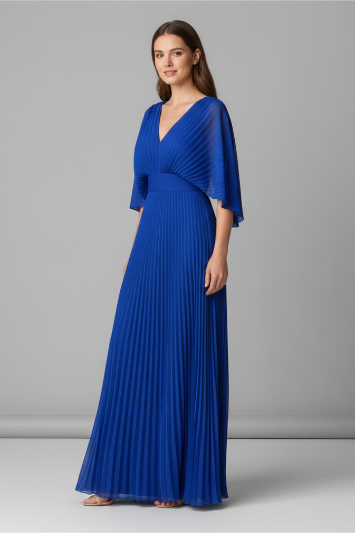 Side angle model in long flowing blue dress