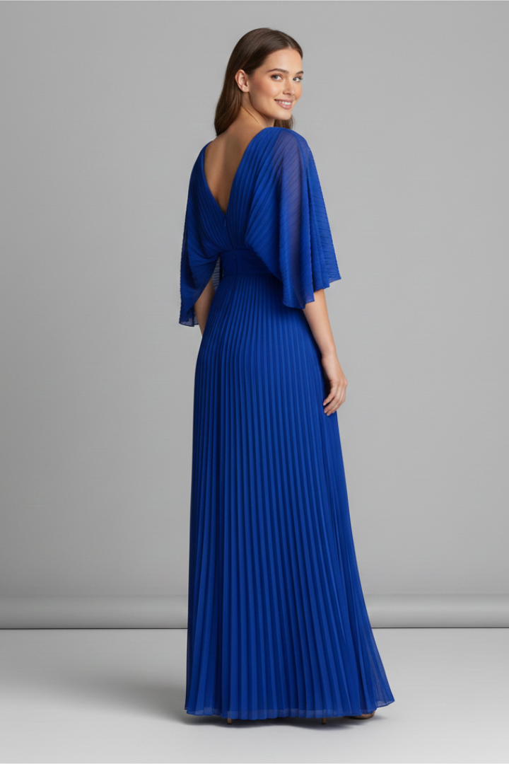 Back angle model wearing full length dress