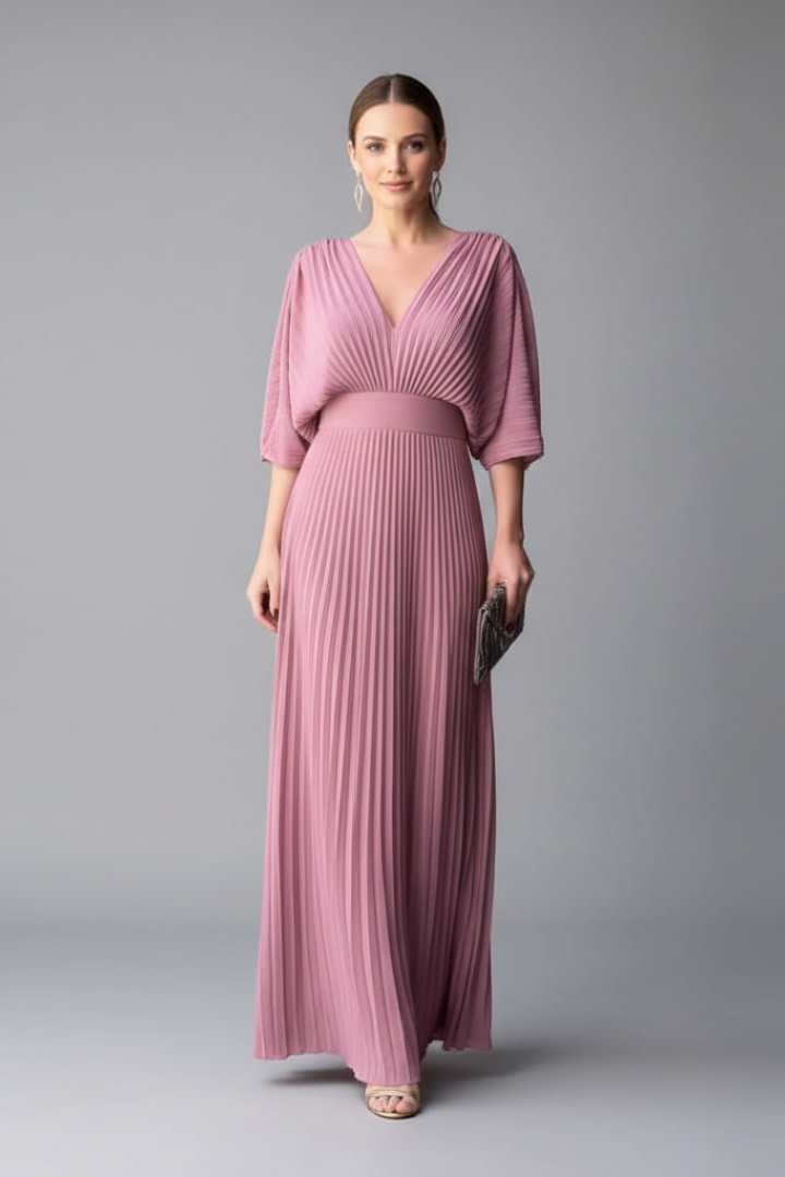 Fashion model wearing elegant V-neck maxi pink dress