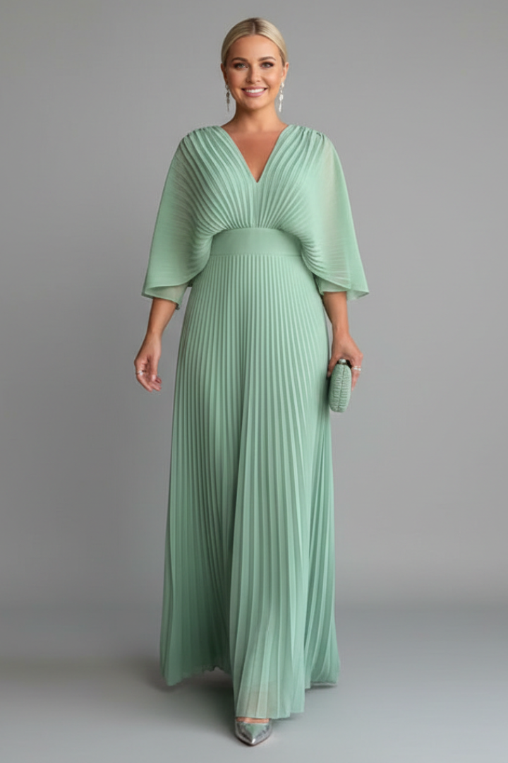 Front pose model wearing formal maxi green dress