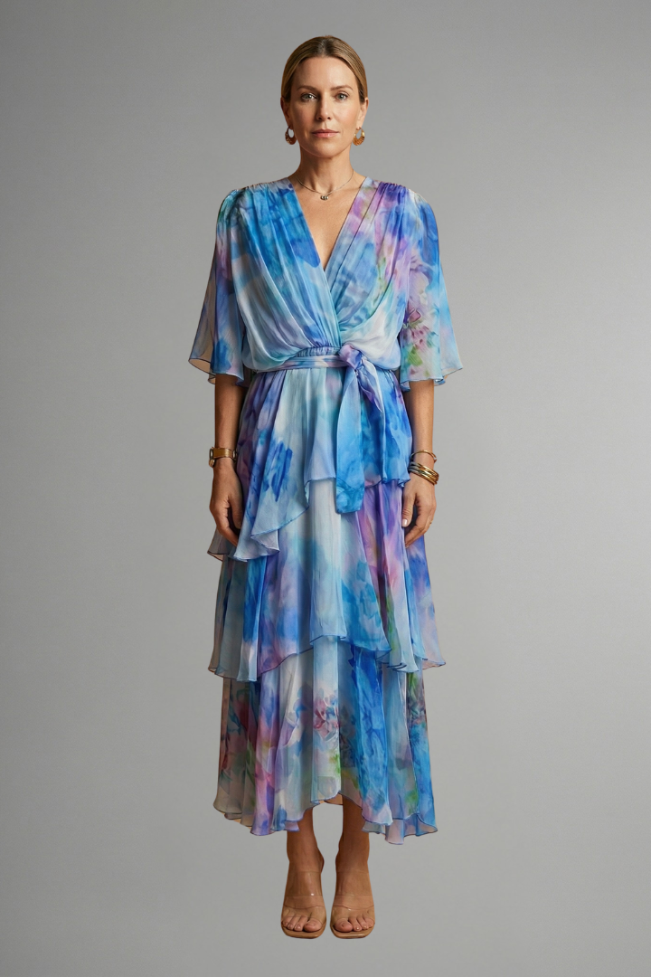 Front model pose wearing printed maxi blue dress