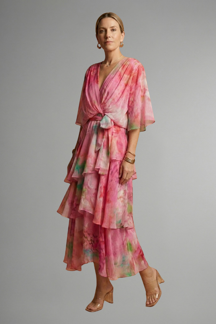Full-length dress front angle with soft drape