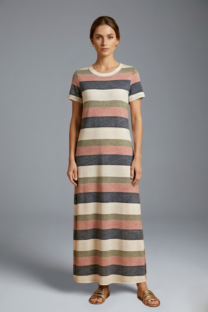 Female model wearing smooth striped long dress