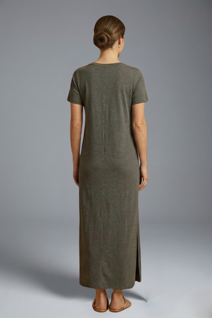 Back angle model wearing short sleeve maxi dress