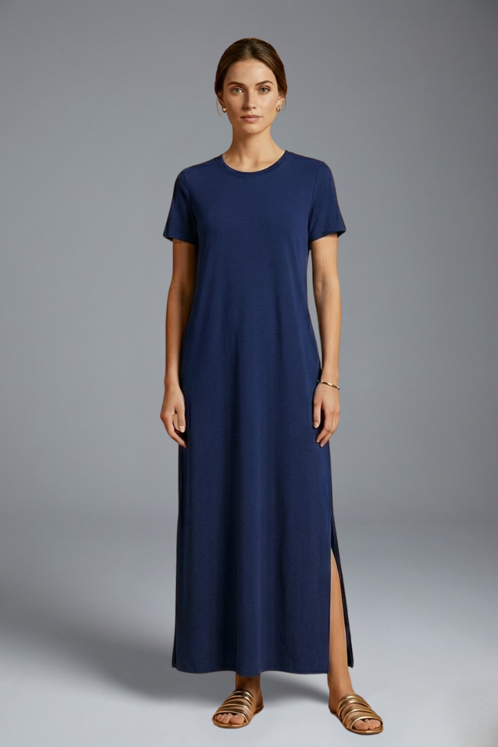 Female model front angle long blue dress