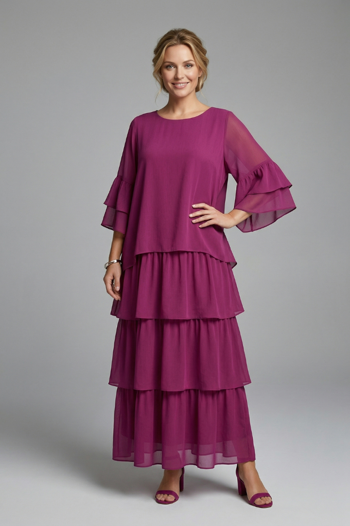 Front view flowing ankle-length magenta dress on white background