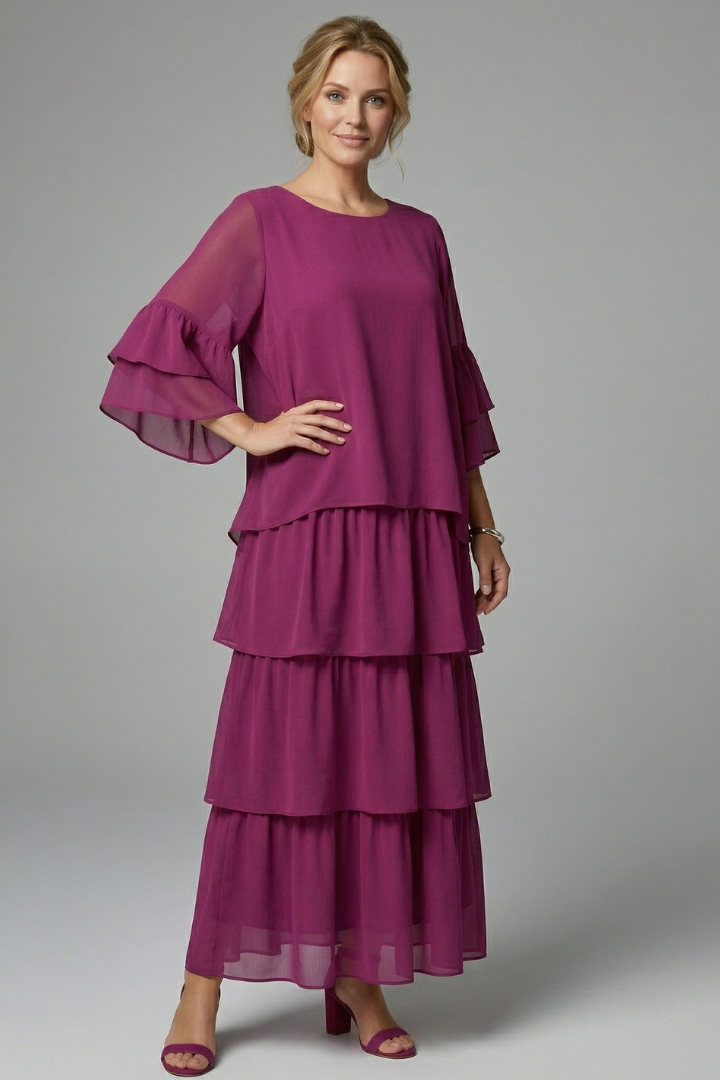 Close-up round neckline detail on soft flowing dress