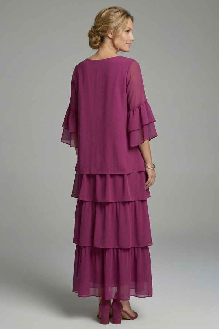 Back view loose full-length dress on white background