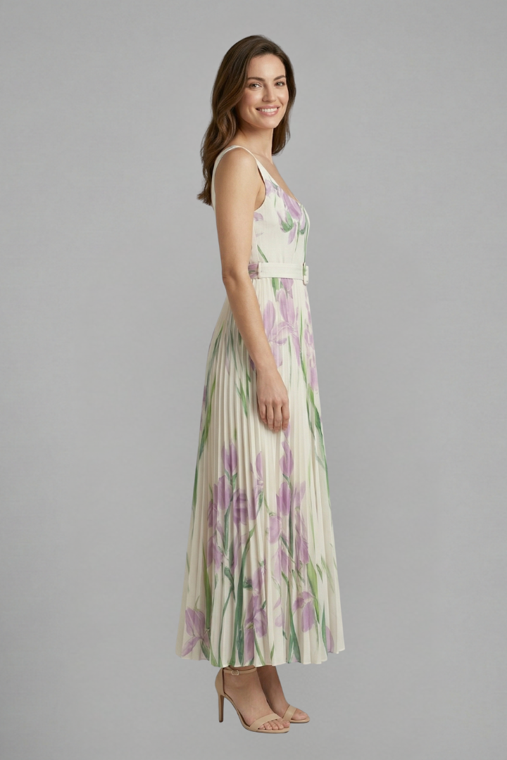 Side view pleated floral maxi dress with model
