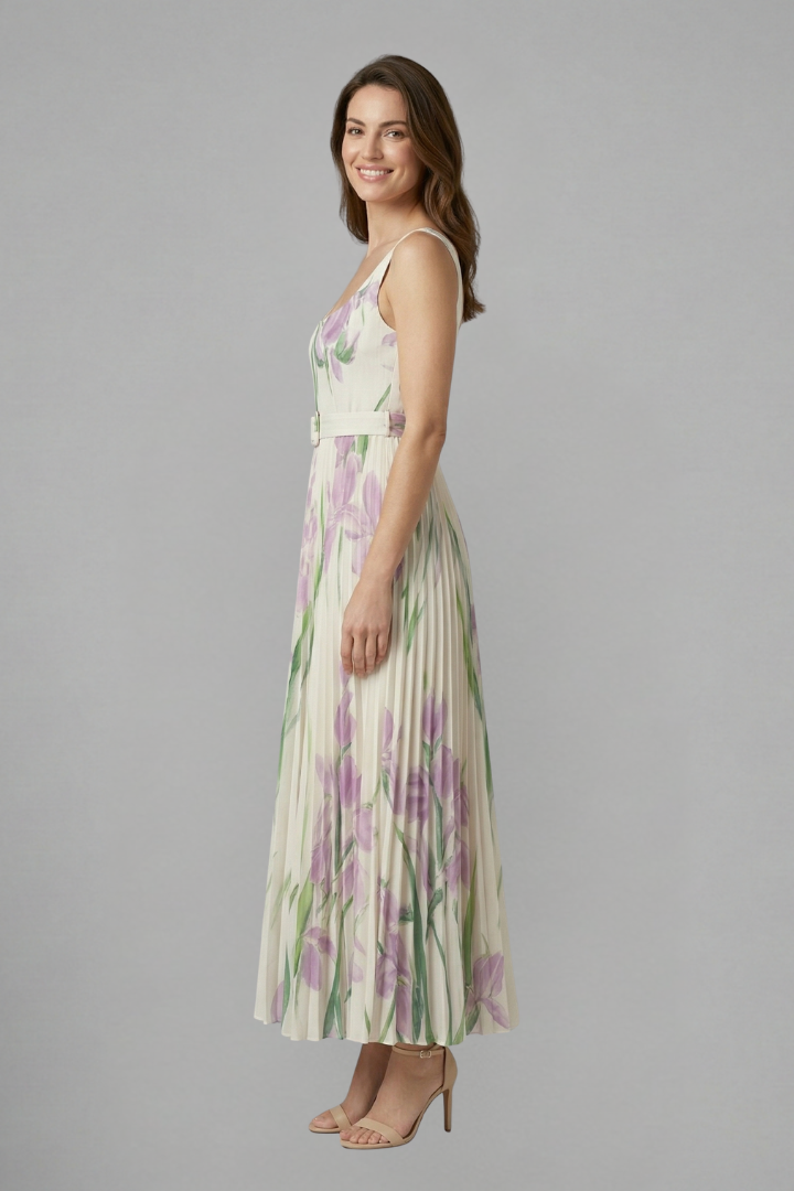 Model wearing square neck long dress side angle