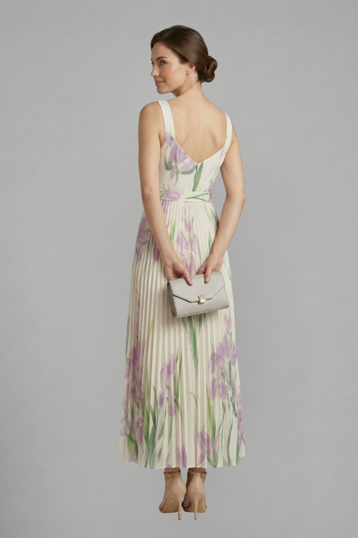 Back view floral textured dress on model