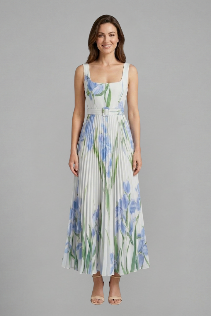 Full length floral dress on model gray background