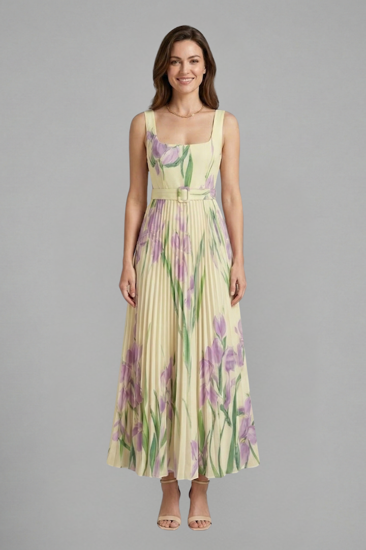 Floral yellow maxi outfit dress front pose with model
