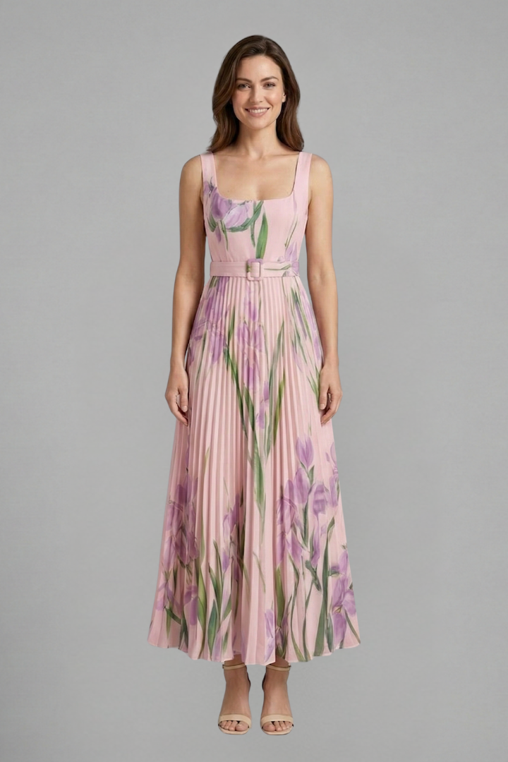 Long floral dress front pose gray background