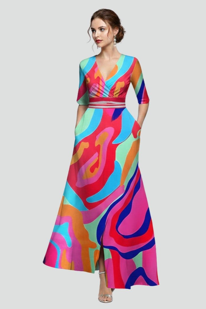 Woman standing front pose wearing floral dress gray background
