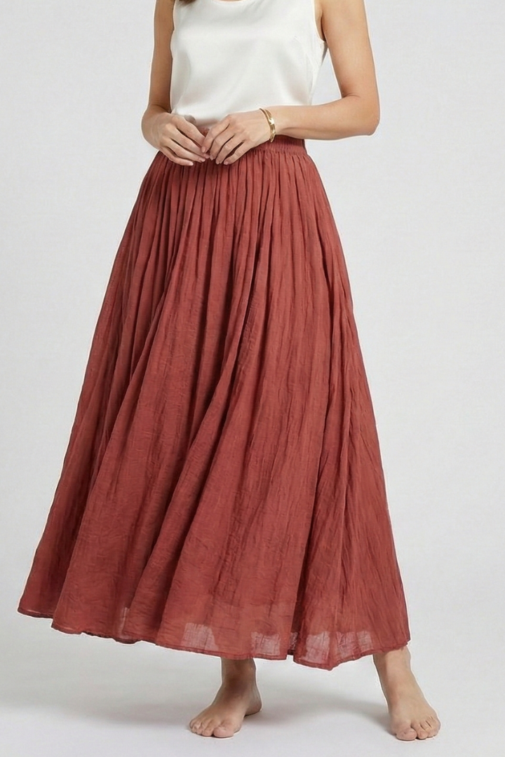 Model wearing textured brown skirt front angle 