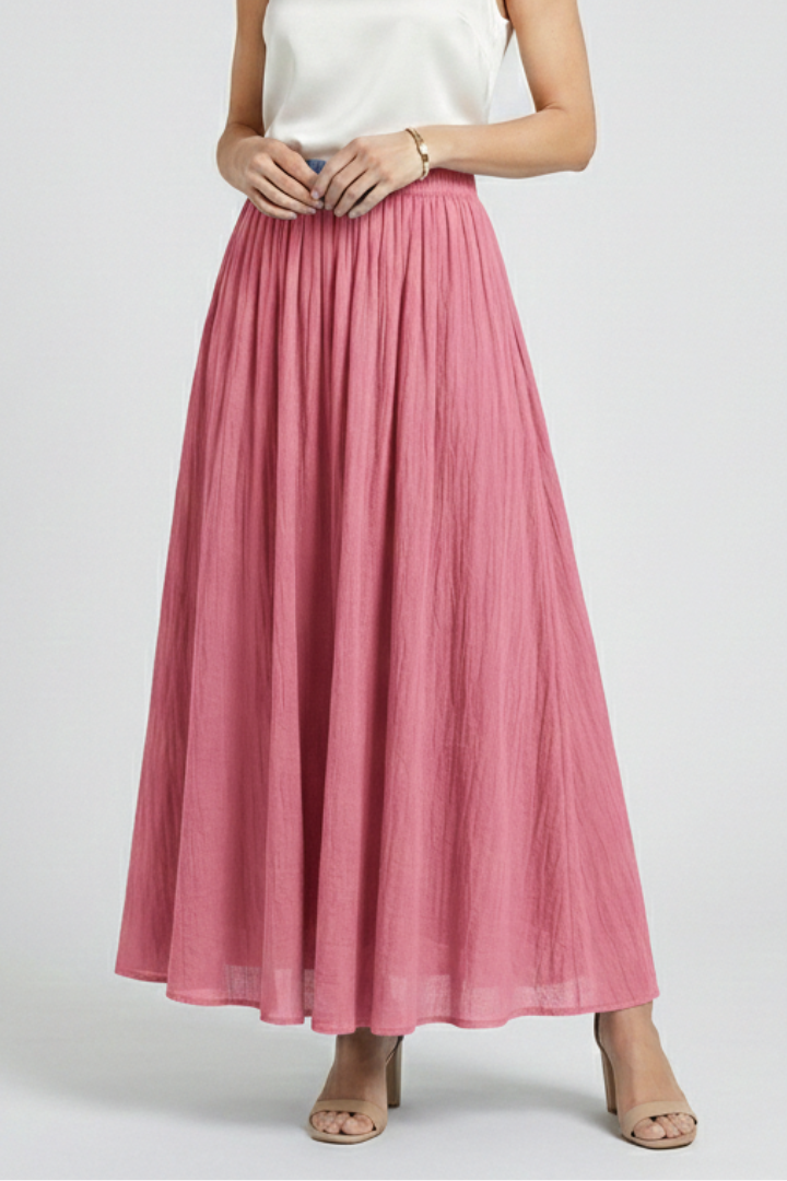 Full body model in maxi pink skirt