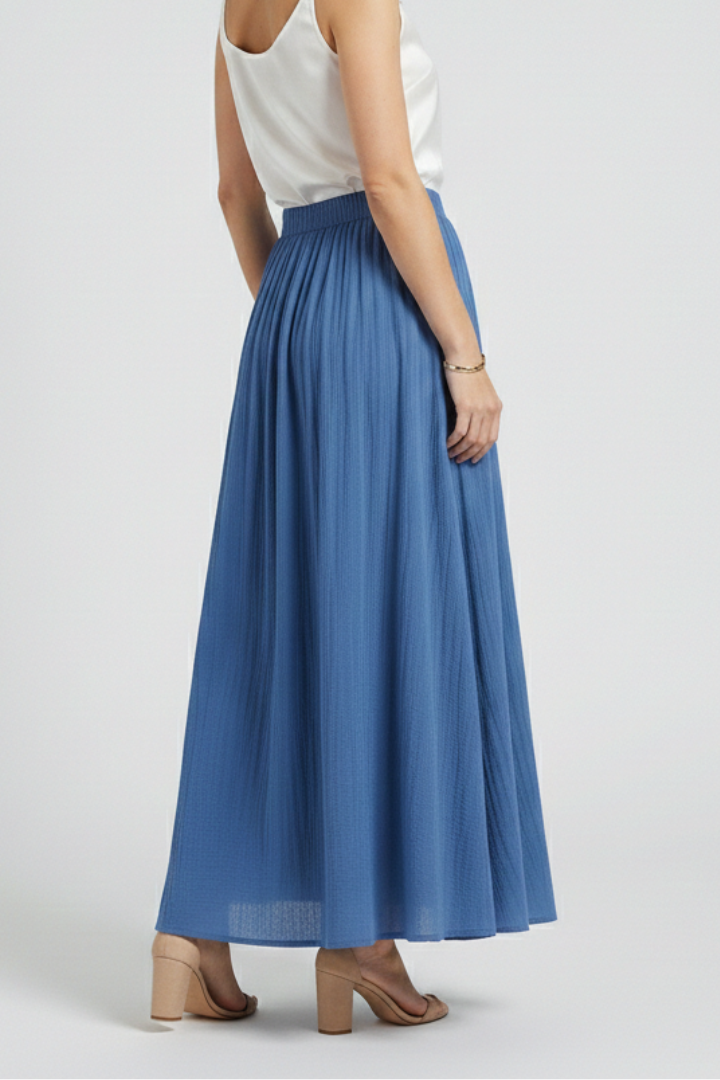 Side angle of pull-on blue skirt with model