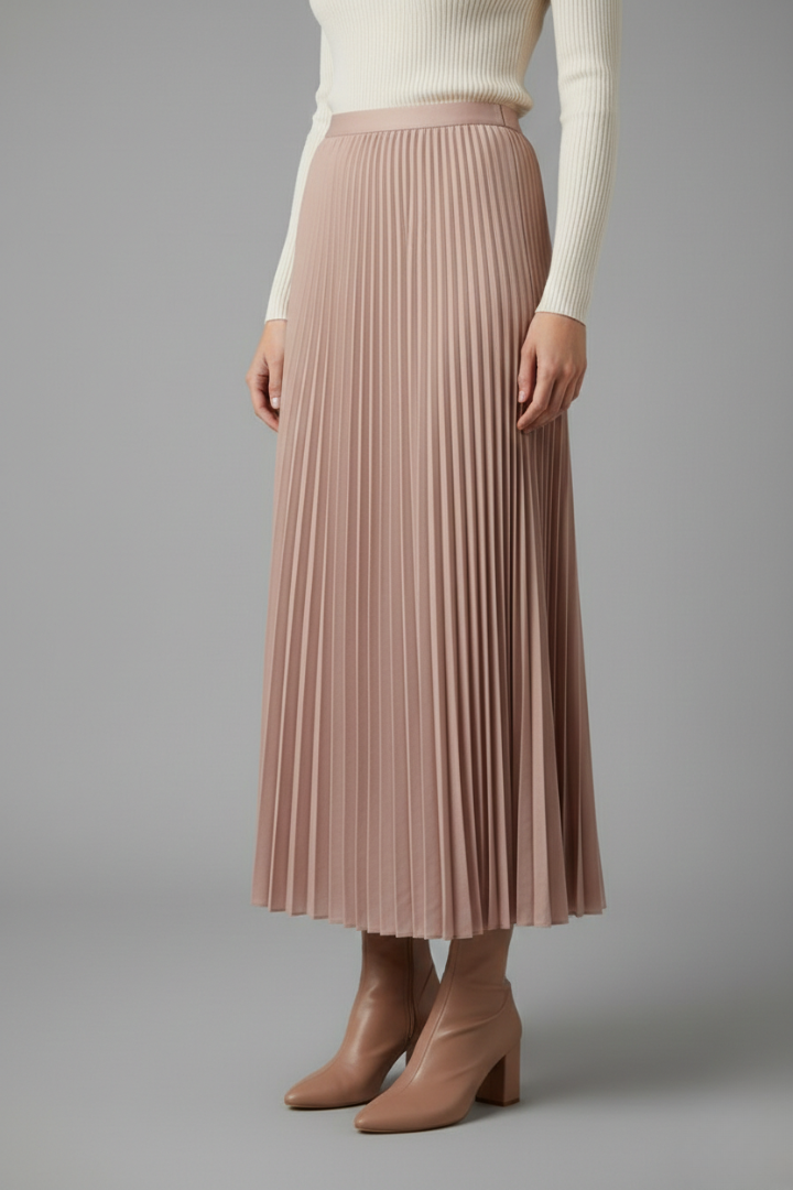 Front angle of flowing pleated skirt apparel