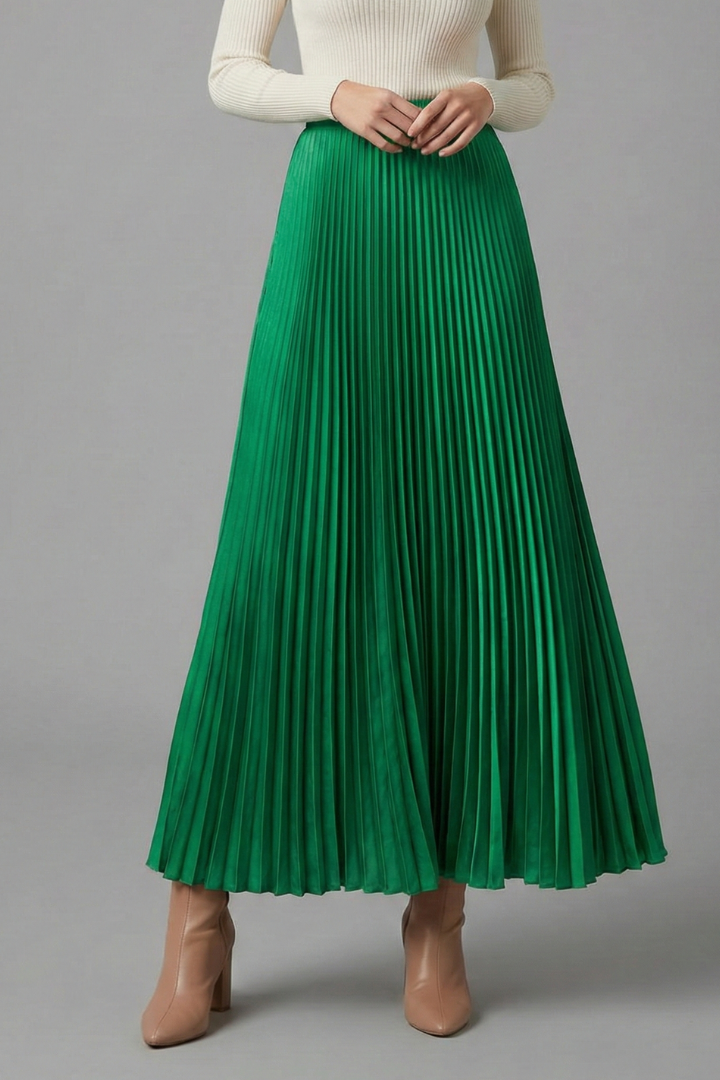 Full body apparel photo of pleated skirt in green color