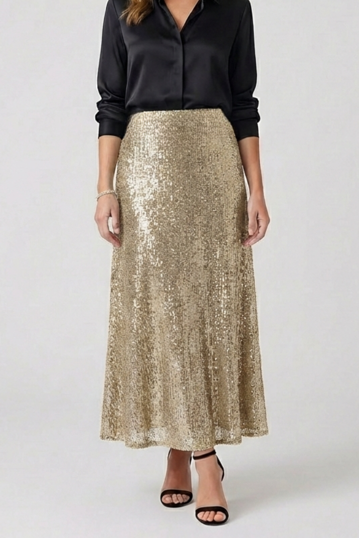Model in full length sequin skirt front shot, black top and heels