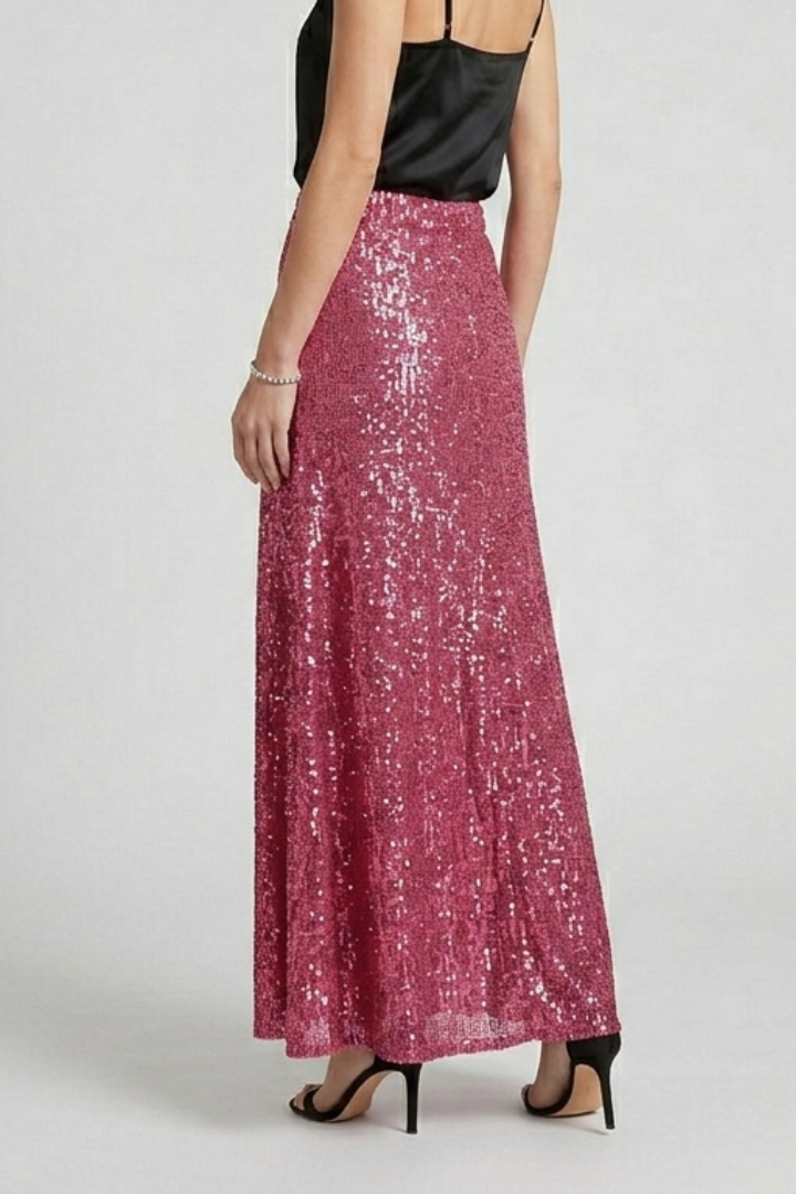 Side angle sparkling maxi skirt on gray background