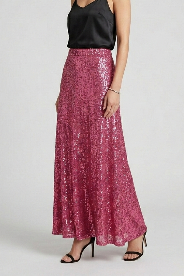 Side angle sparkling maxi skirt on gray background