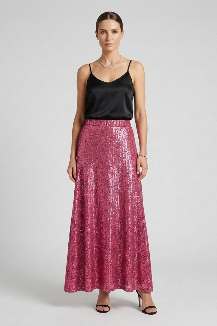 Front view model in sequin maxi skirt on gray background