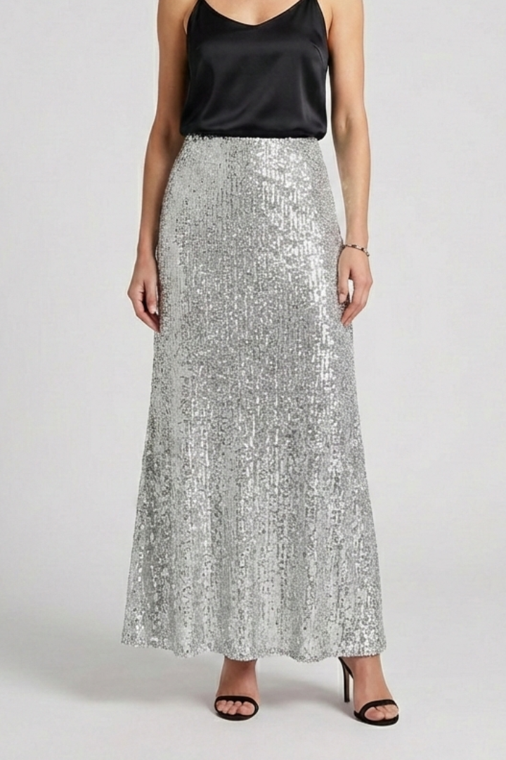 Sequined long skirt full body gray background
