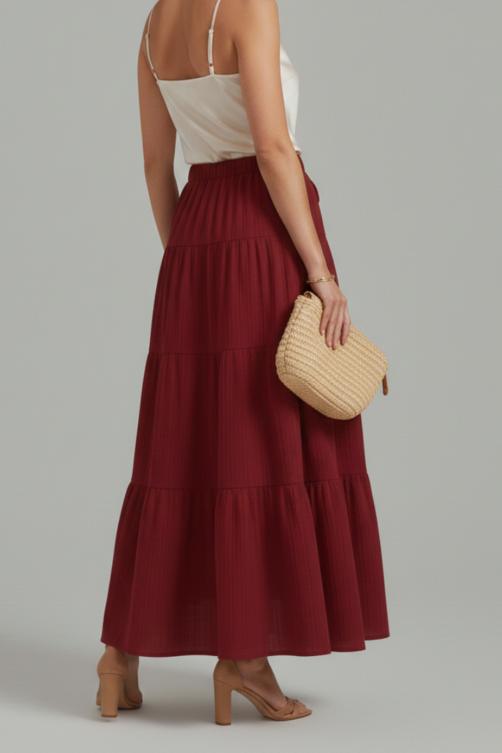 Back view flowy maxi skirt on gray background