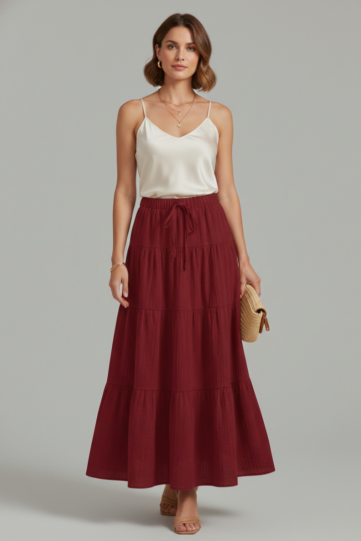Front view long tiered skirt on gray background